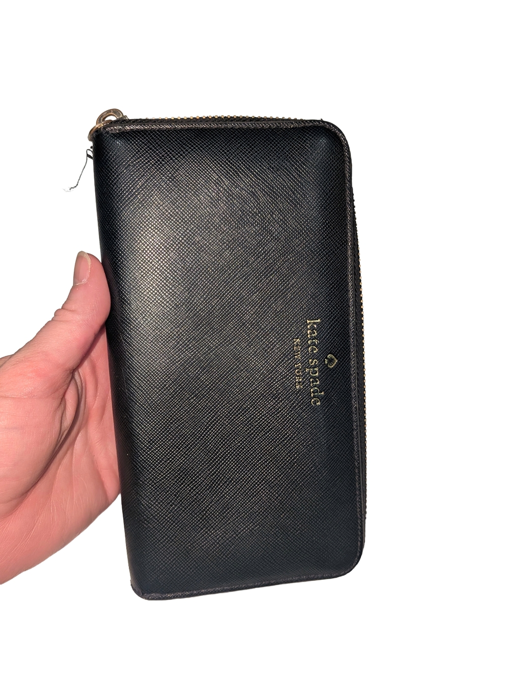 kate spade Black Saffiano Zip Wallet with Gold Logo